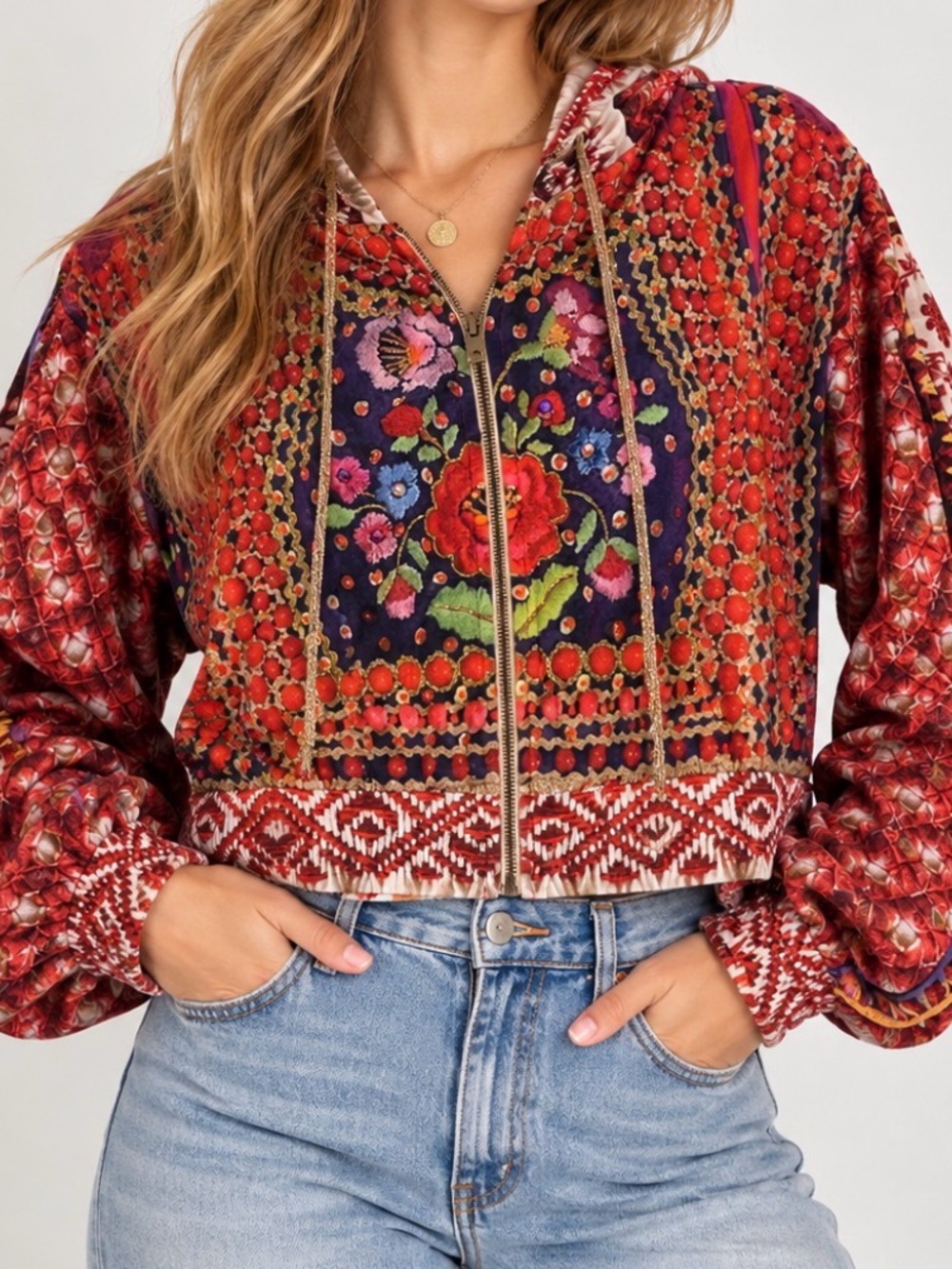 IPNG Make Me Boho Puff Sleeve Cropped Zip Up Hooded Blouse - NWT - Size US 8-10